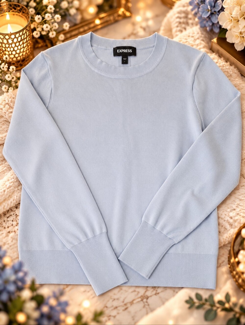 Express Blue Crewneck Sweater Women’s Large Soft Knit Long Sleeve Minimalist